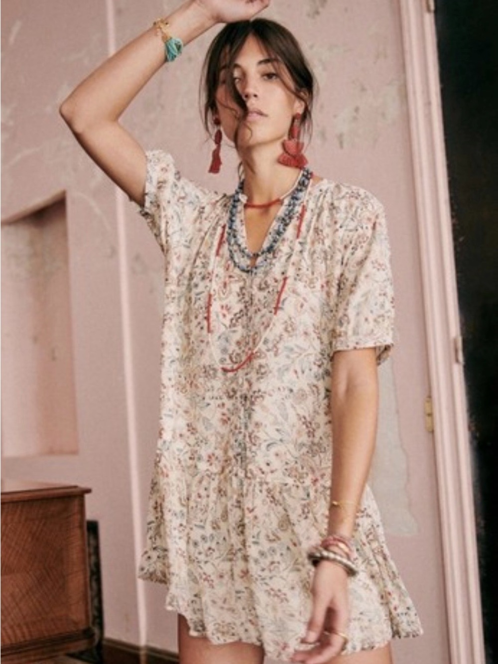 Sezane Cream Floral Short Sleeve Mini Dress